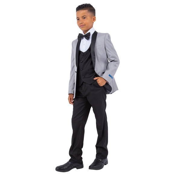 Solid Light Grey Shawl Lapel 5 Piece Perry Ellis Boy's Tuxedo - Picture 1 of 5